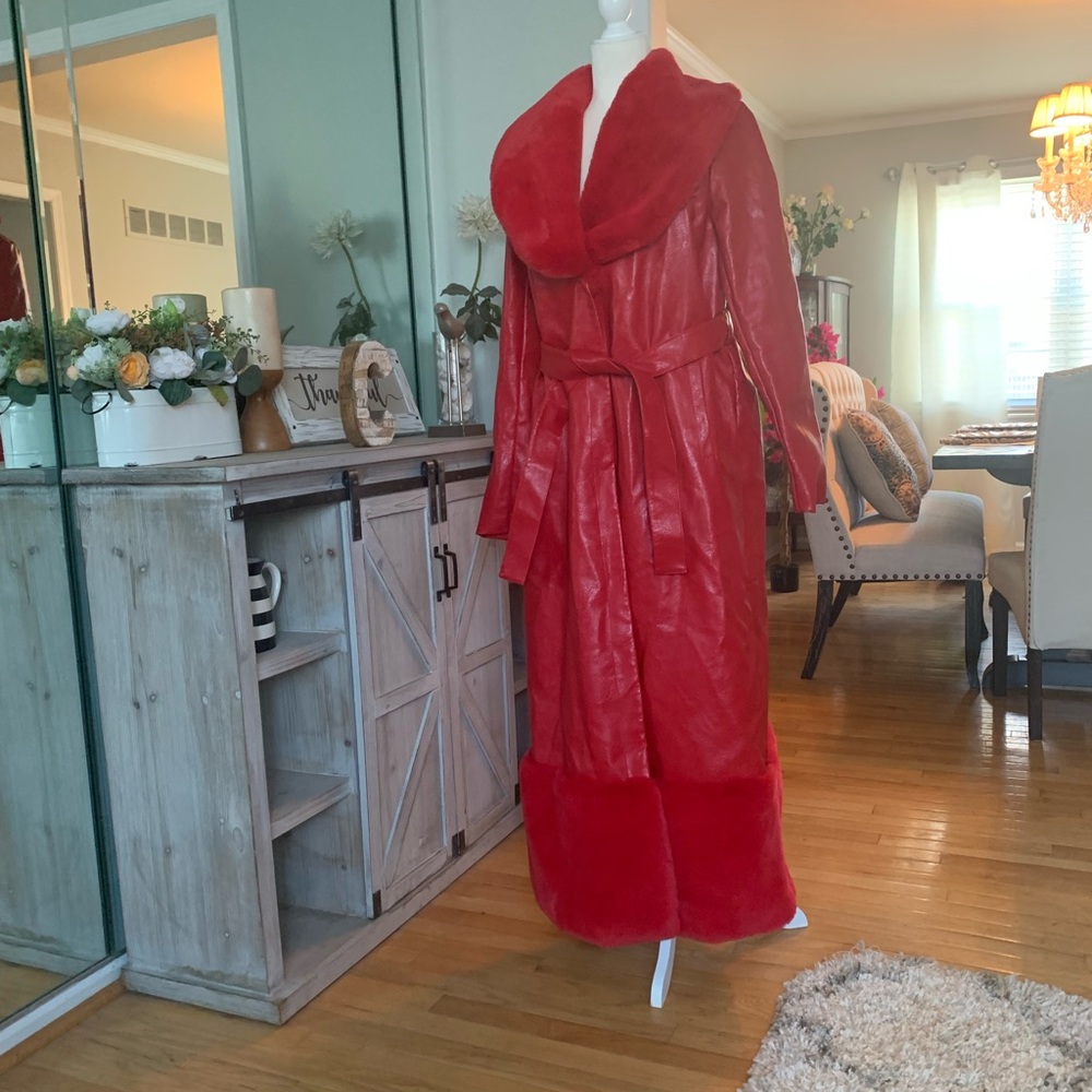 Fashion Nova Red Long Faux Fur Trim Coat